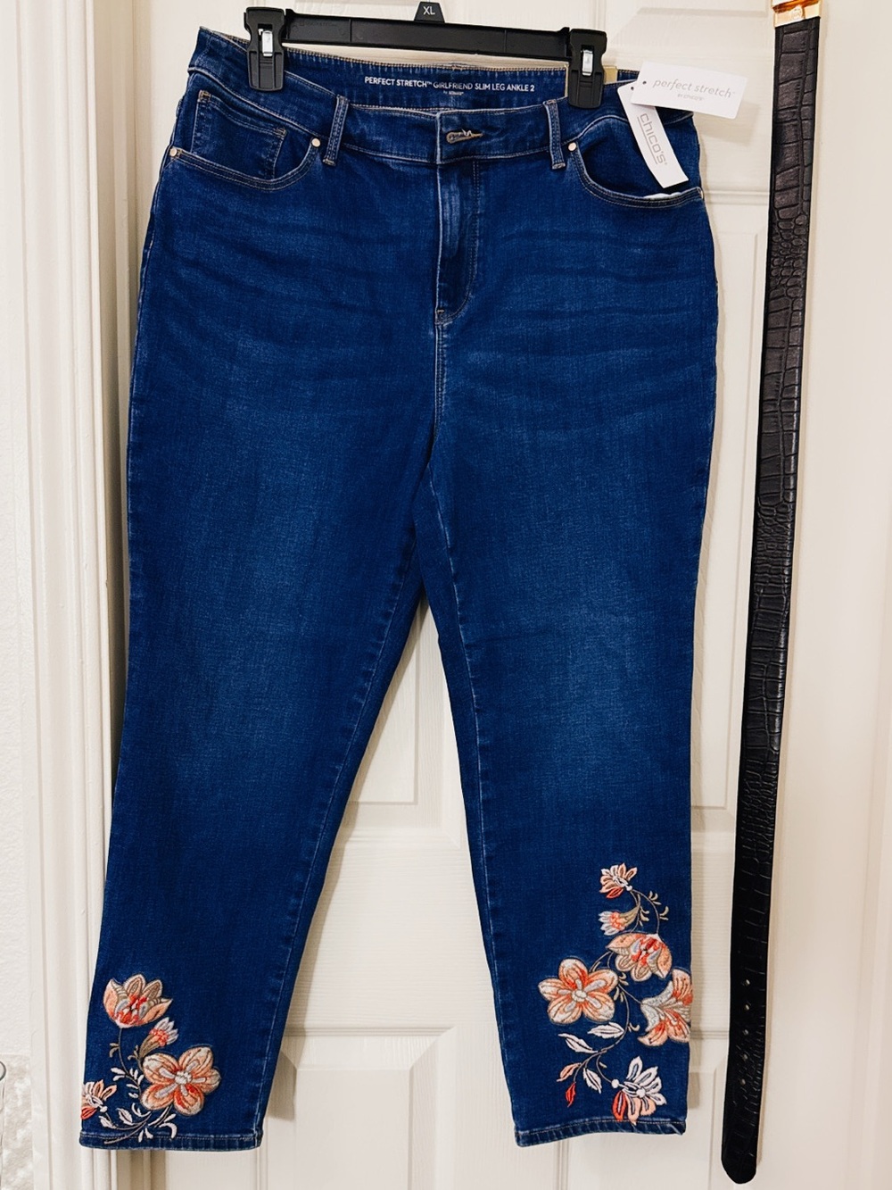 Chico's Dark Blue Cropped Jeans with Floral Embroidery